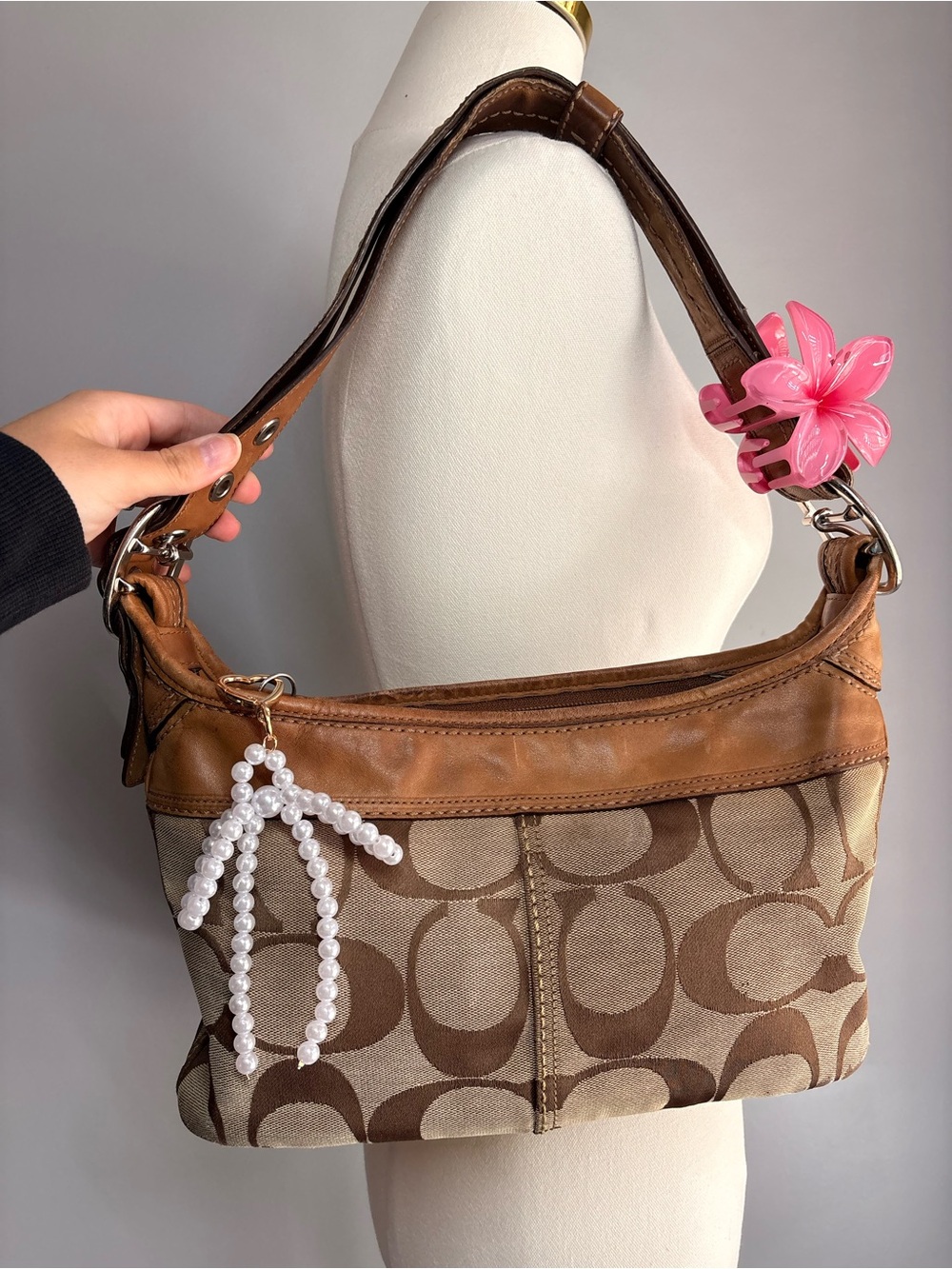 Vintage Y2K Coach Brown Canvas Shoulder Bag with Leather Trim Style F13359